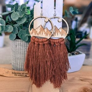 round hoop dangle earrings with mountain and moon and blush fringe