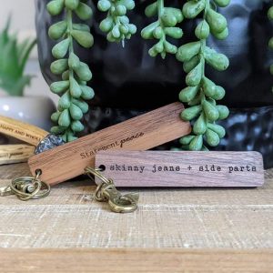 skinny jeans + side parts wooden keychain